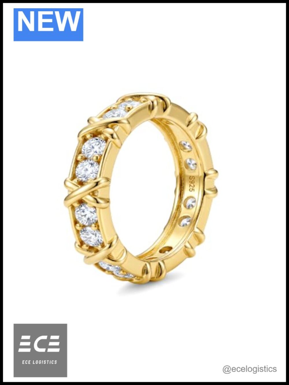 14K Gold Plated CZ Interlocked X Ring 925 Sterling Silver